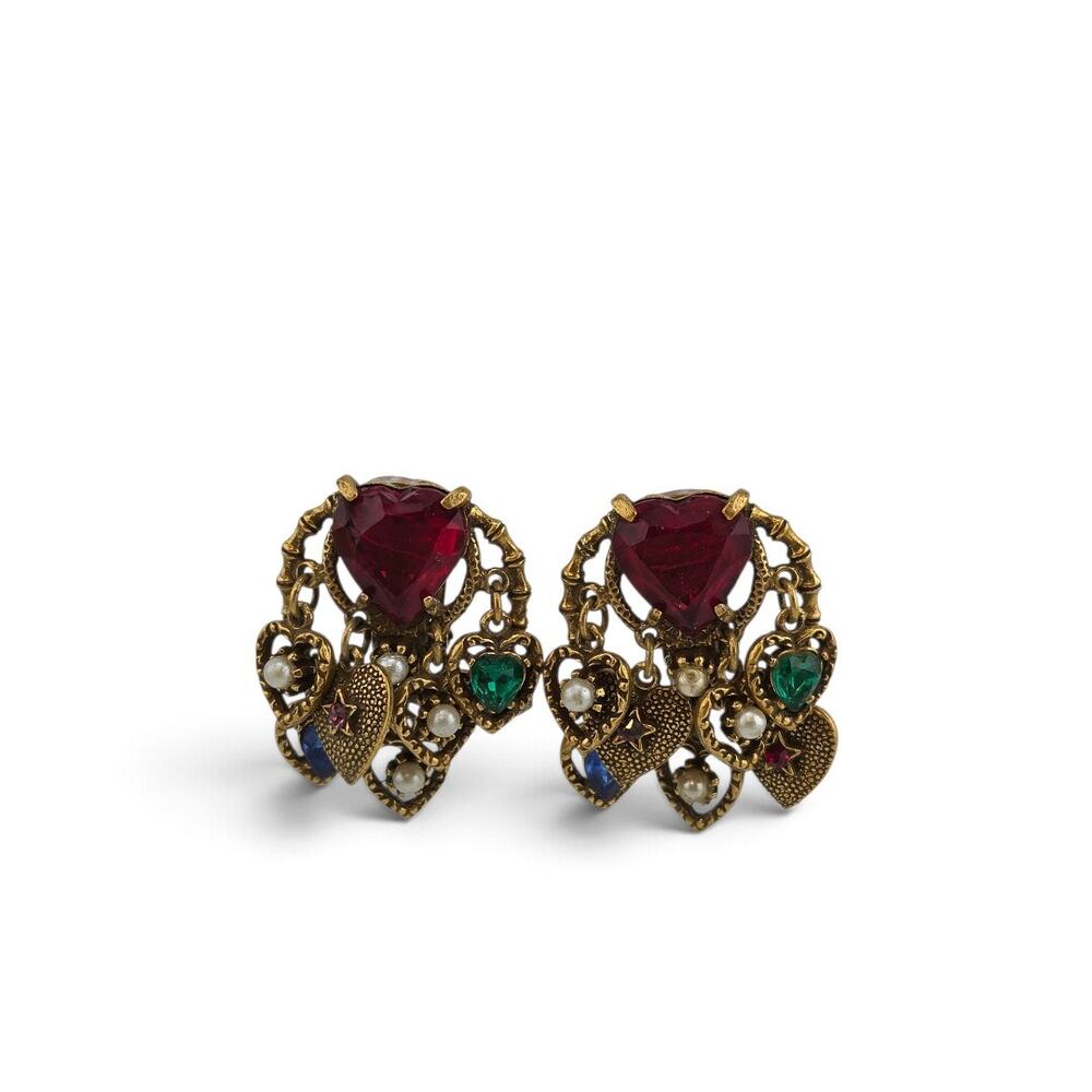 Vintage Multicolor Rhinestone Heart Charm Clip On Earrings Gold Tone Dangle